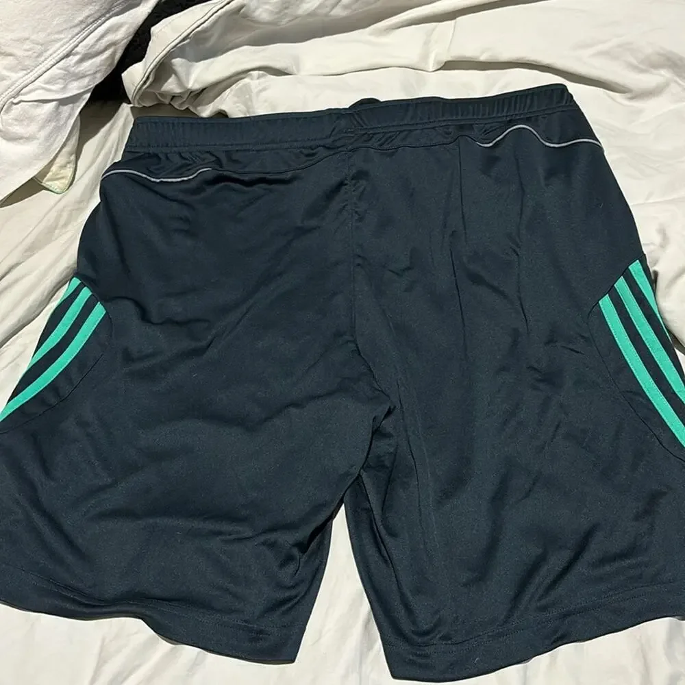 Adidas L blue teal shorts turquoise 3 stripe reflective silver pockets net